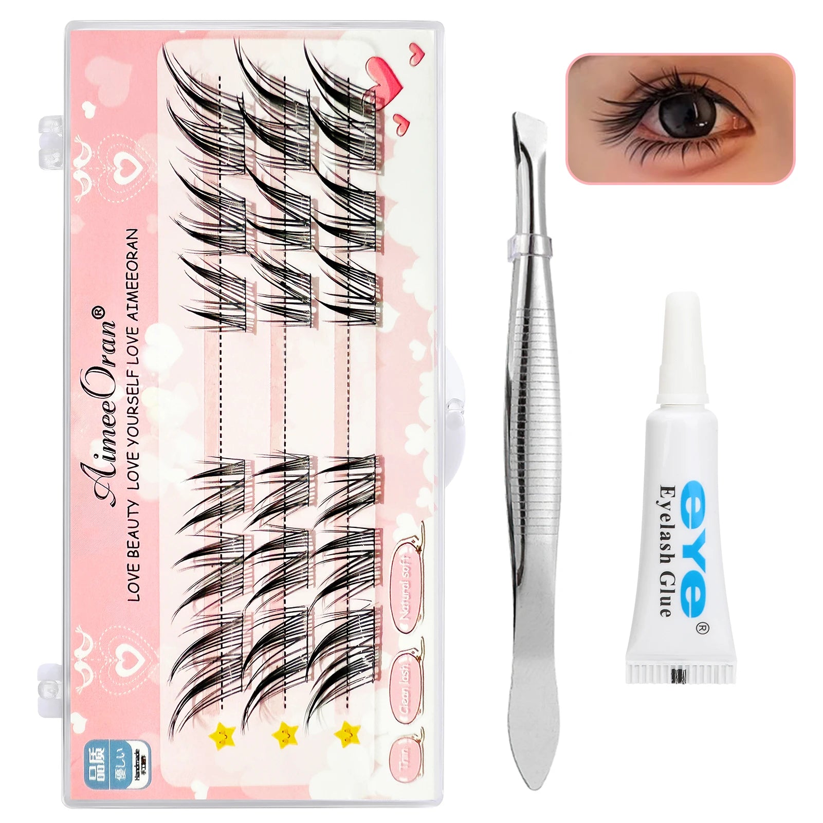 False eyelash kit with lashes, applicator, eyelash glue, and eye close-up