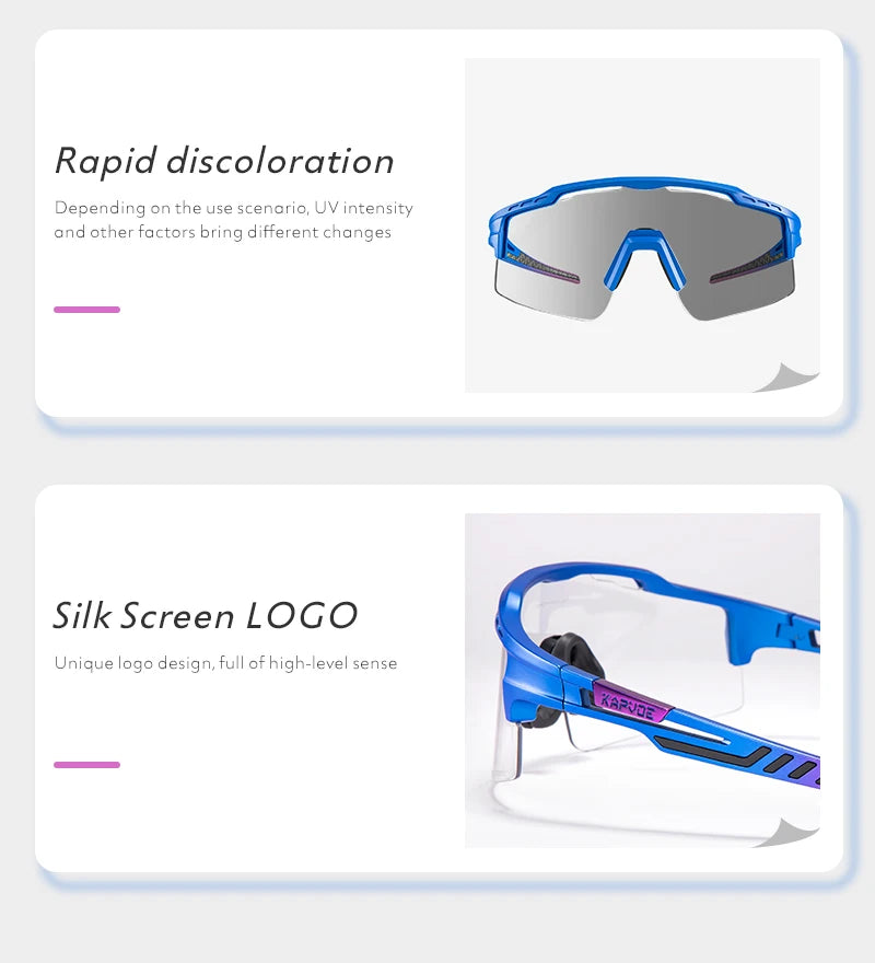 Blue sports sunglasses with photochromic lenses and silk screen logo details