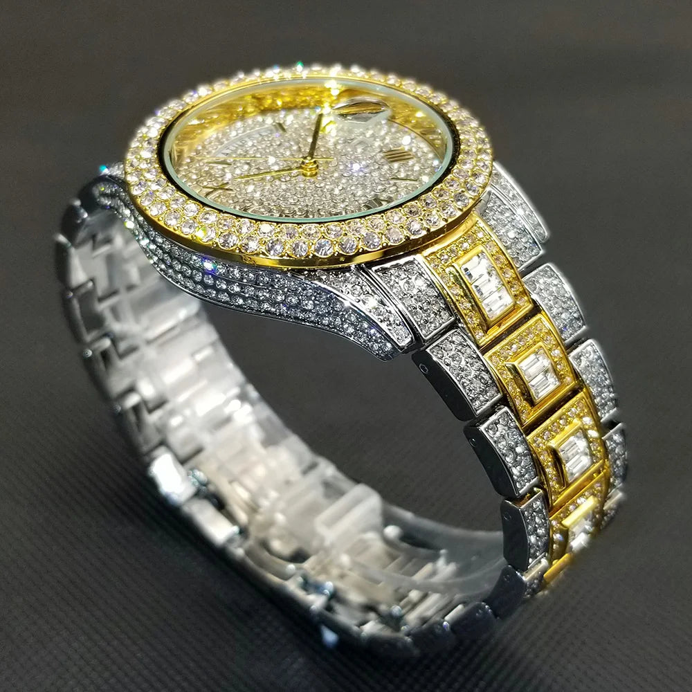 TikTok Hot Diamond Wristwatch For Men Luxury 18K Gold Plated Quartz Watches Day Date Nightclub Party Watch Unisex Rapper Jewelry
