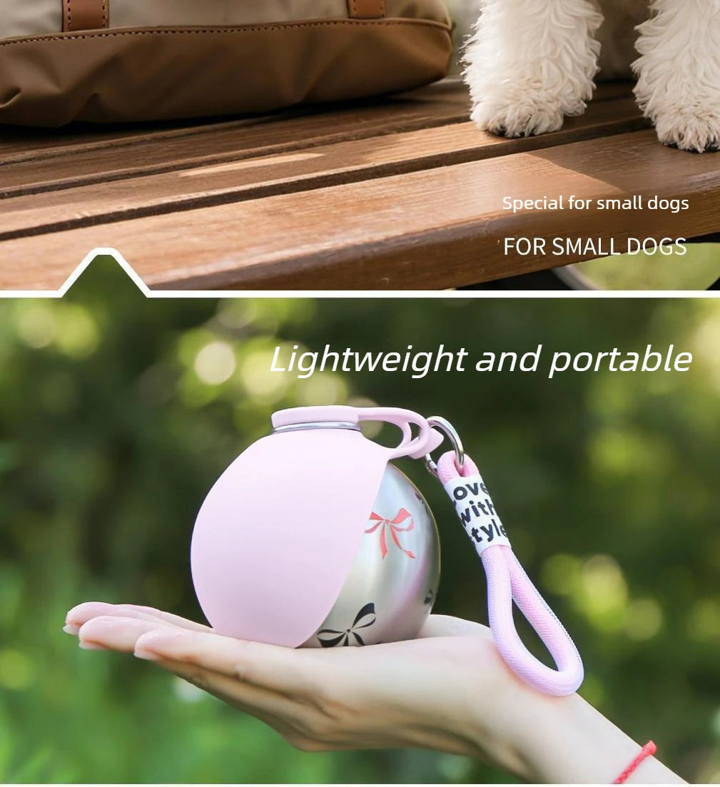 Foldable Stainless Steel Pet Water Bottle Spherical Design Portable Bowl for Small Pets Outdoor Daily Feeding and Drinking