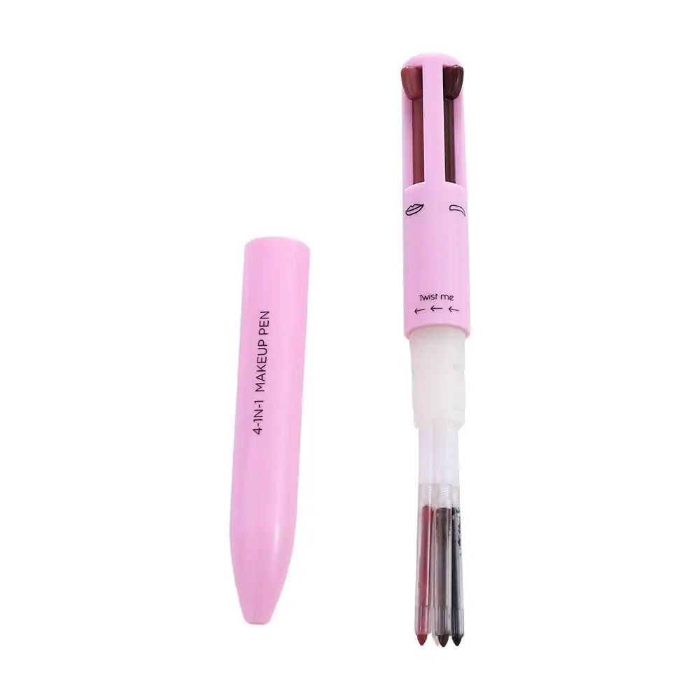 Pink 4-in-1 makeup pen with multiple cosmetic shades and removable cap