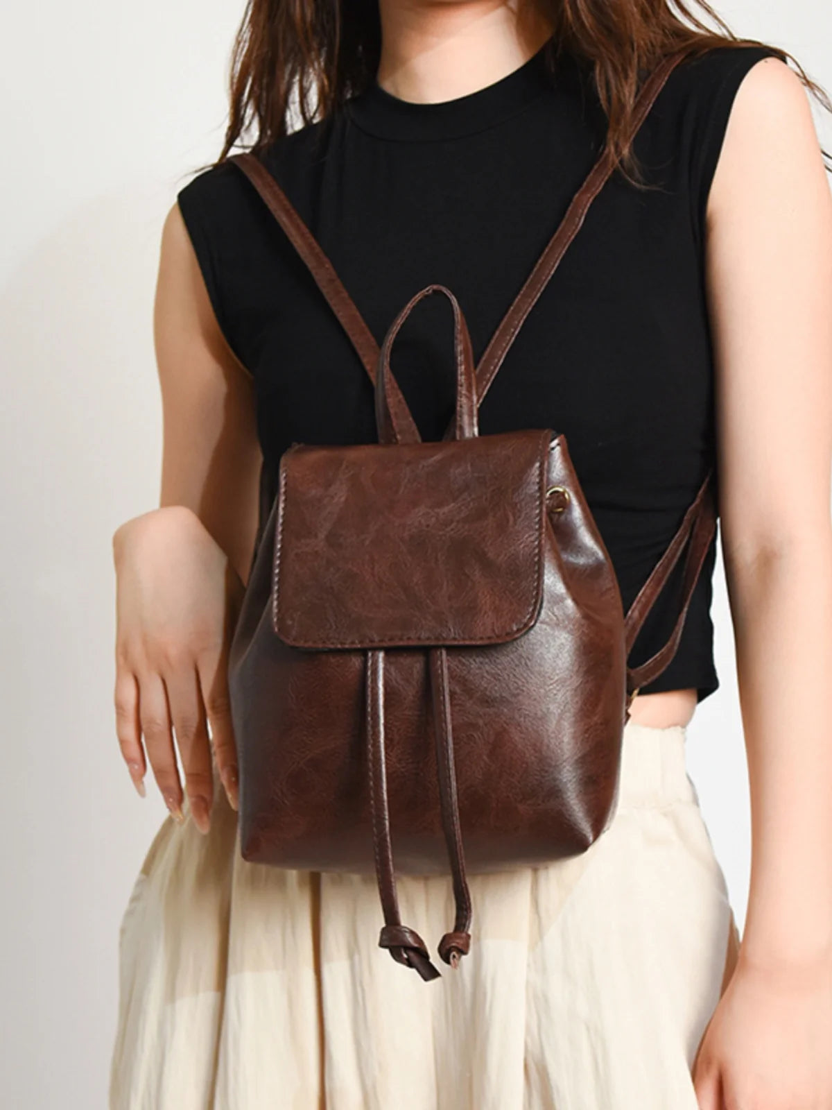Compact Brown Retro Shoulder Bag Women's Spring Summer New Simple Artistic Match Double Rope Single Shoulder Bag Casual Style