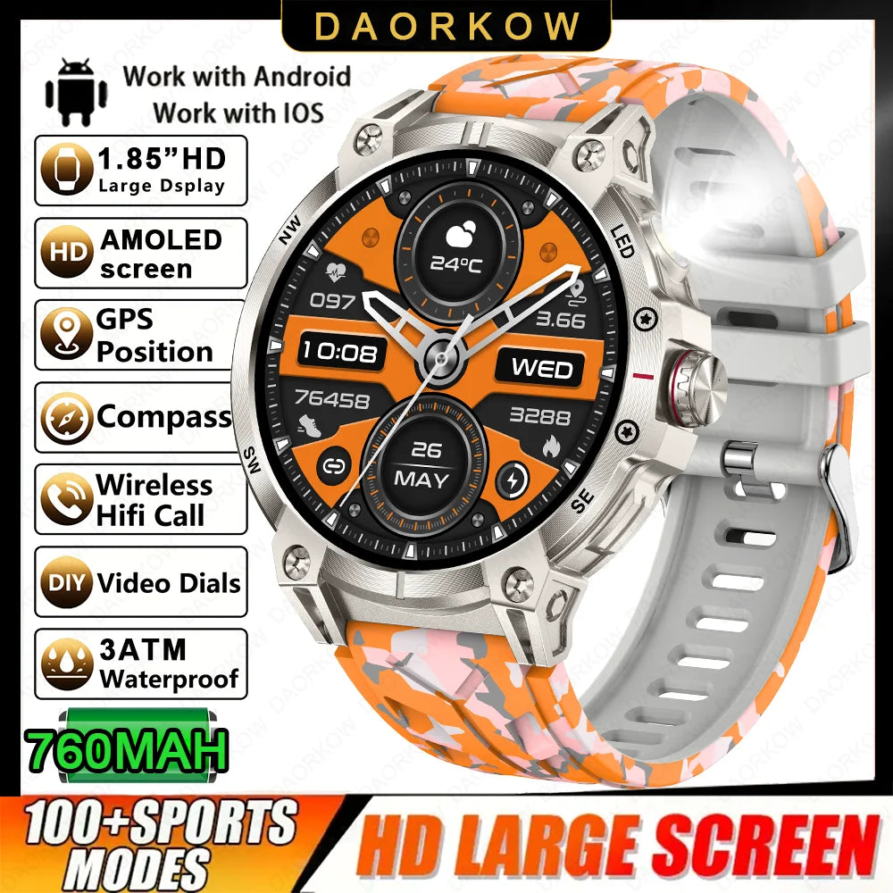 Military smartwatch men,760mAh Bluetooth call,LEDflashlight,compass,1.85HD Large screen,heart rate.blood pressure,IP68waterproof