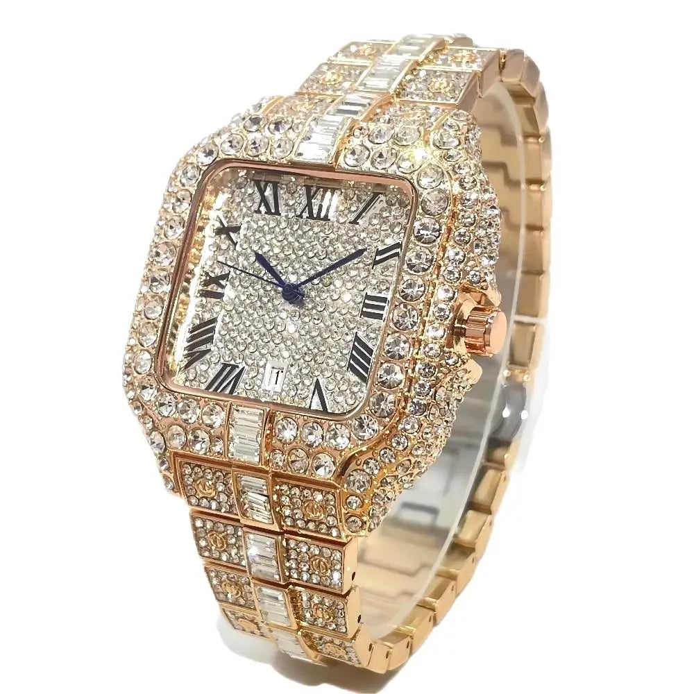 Hot Fashion Brand UNIGUET Hip Hop Rose Gold Iced Diamond Mens Watch Luxury Square Waterproof Quartz Man Clocks Relogio Masculino