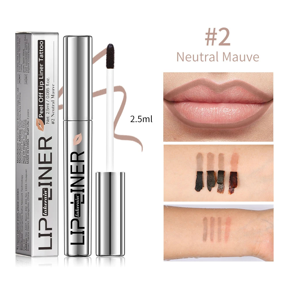 Neutral mauve peel off lip liner with applicator, labeled #2, swatches on lips and arm.