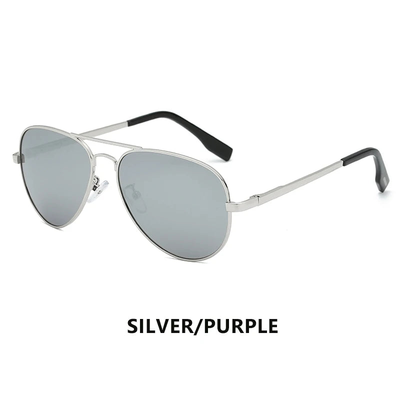 Silver aviator sunglasses with purple-tinted lenses and black temple tips on white background.