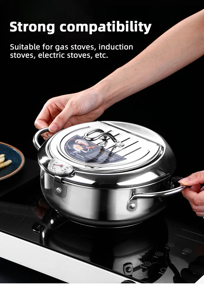Japanese Deep Frying Pot With A Thermometer And A Lid Fryer Pan 304 Stainless Steel Kitchen Tempura Oil Frying Pan Fryer