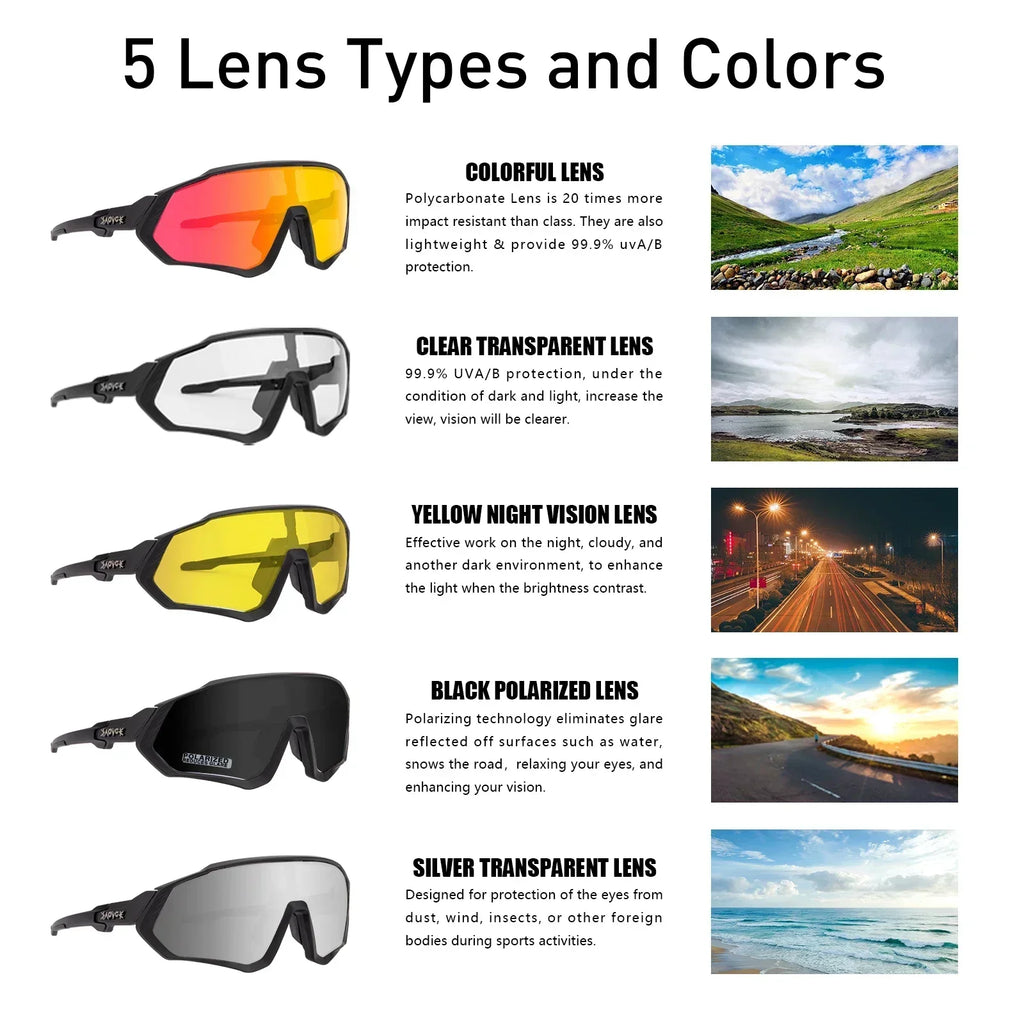 Five types of sport sunglasses lenses with descriptions: colorful, clear, yellow night vision, black polarized, and silver transparent, each showing protection features and ideal conditions.