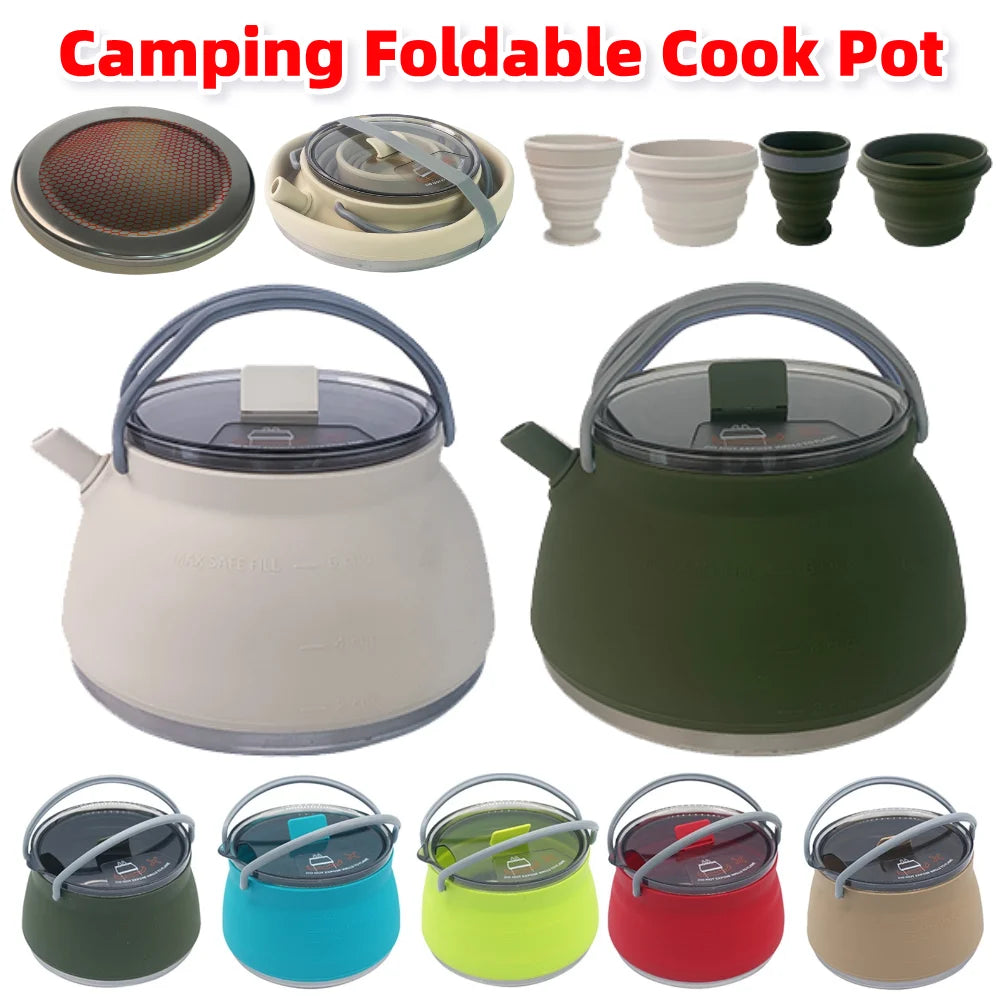1.5L Silicone Kettle with Handle 1L Camping Cook Pot Stainless Steel Bottom Collapsible Water Cup/Bowl for Camping Backpacking
