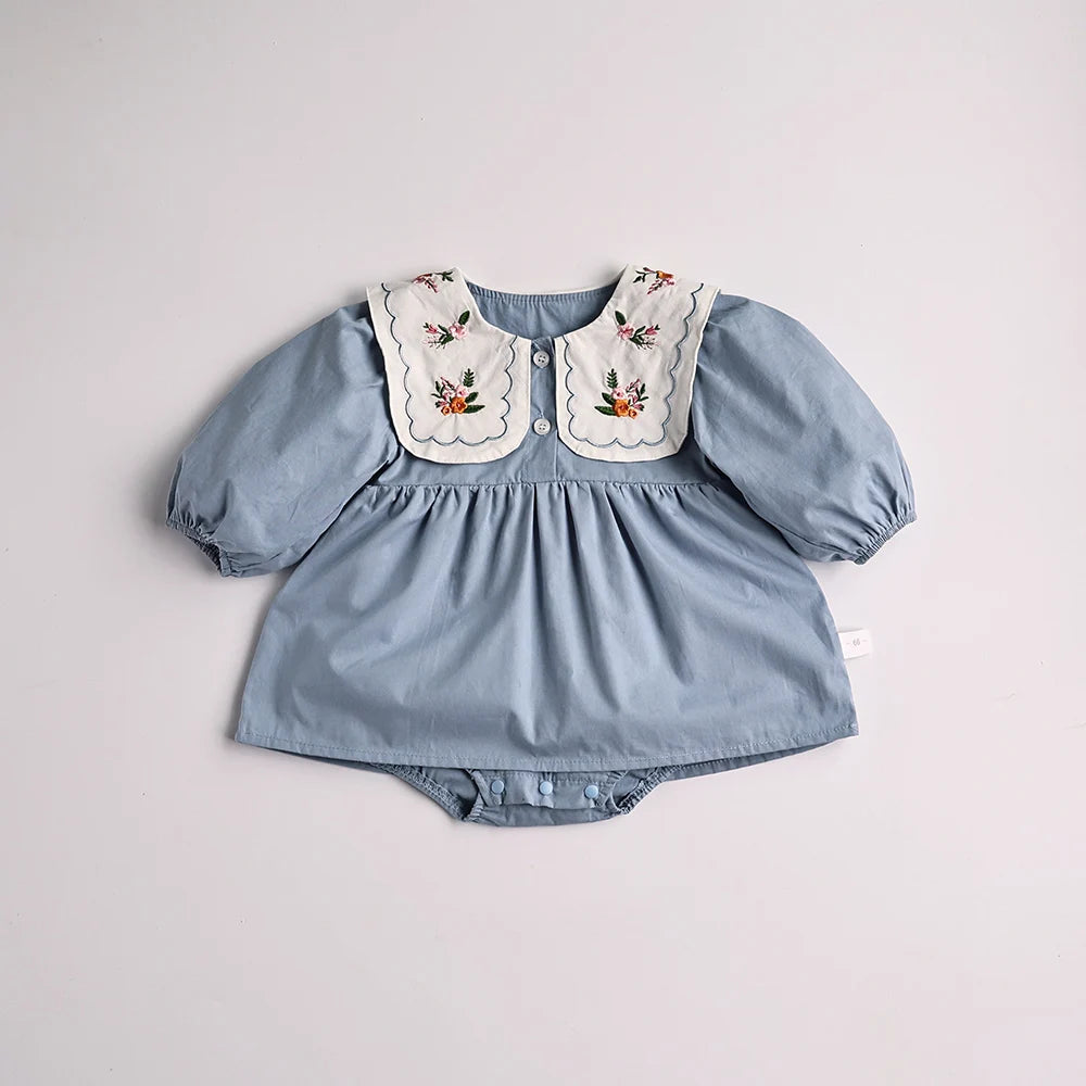 Spring Baby Clothing Solid Pleated Baby Bodysuit Toddler Girls Embroidered Flower Big Collar One Piece