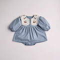Spring Baby Clothing Solid Pleated Baby Bodysuit Toddler Girls Embroidered Flower Big Collar One Piece
