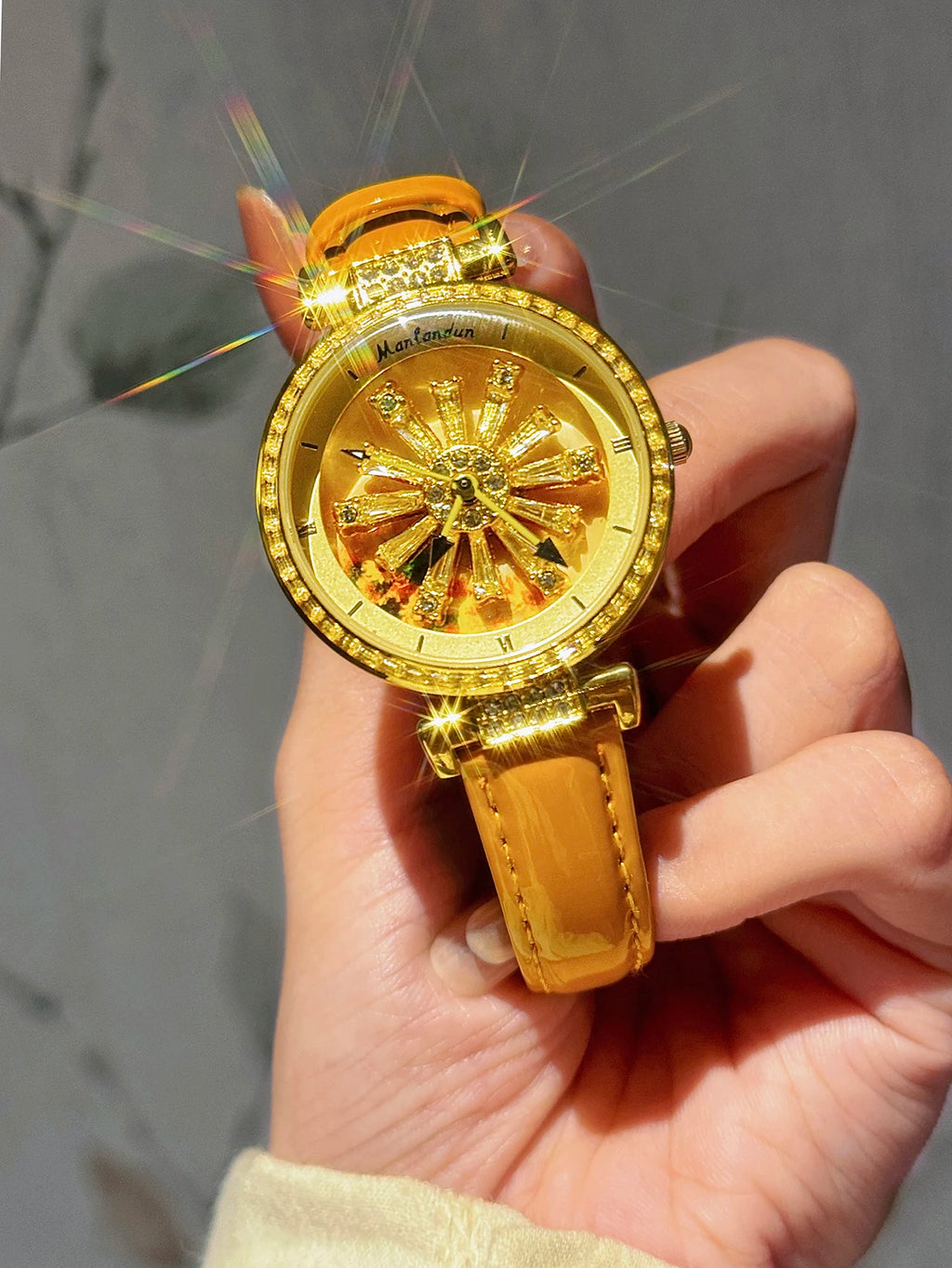 Fashionable Women's Watch With Transparent Back, Diamond Inlaid, Rotating Galaxy Dial, Sunflower Design Waterproof Quartz Watch
