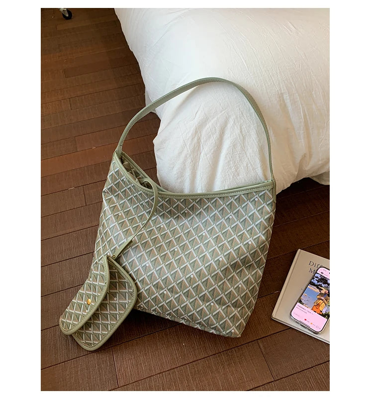 Large Capacity Women's Shoulder Bag Fashionable Commuter Tote Bag Soft PU Leather Printed Geometric Pattern Autumn New Arrival