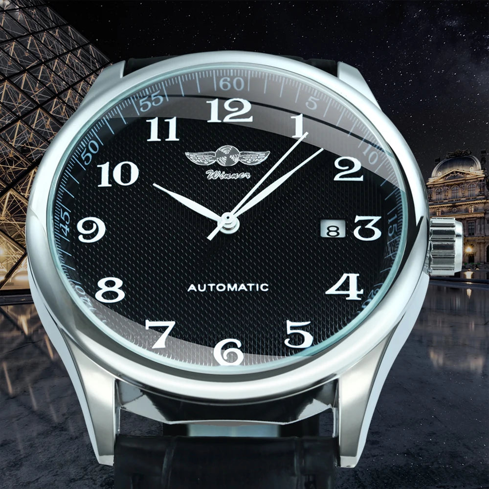 Winner Classic Business Watch for Men Retro Calendar Blue Hands Automatic Mechanical Watches Top Brand Luxury Steel Leather Belt