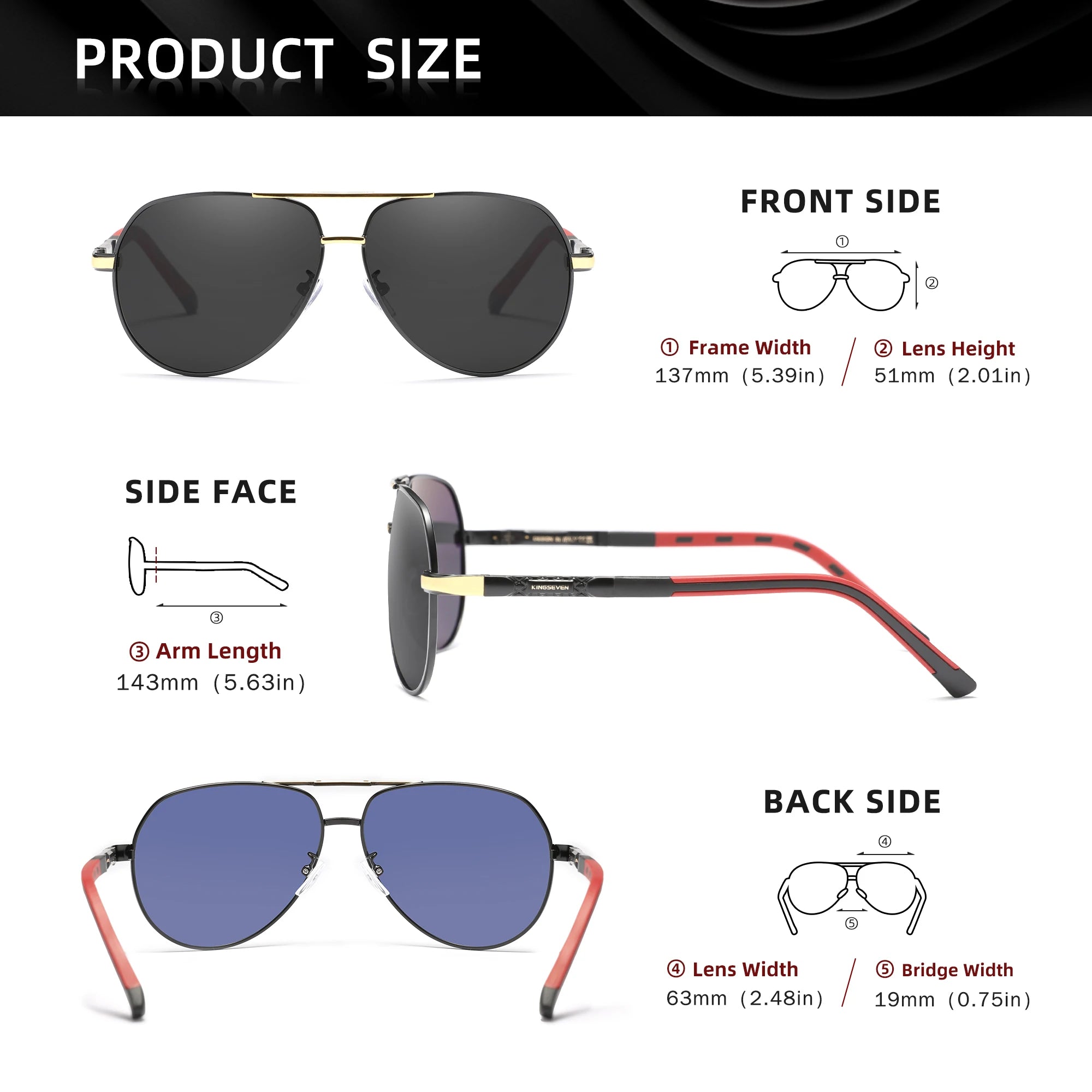 Aviator sunglasses with black lenses, gold and red arms, and detailed size measurements.