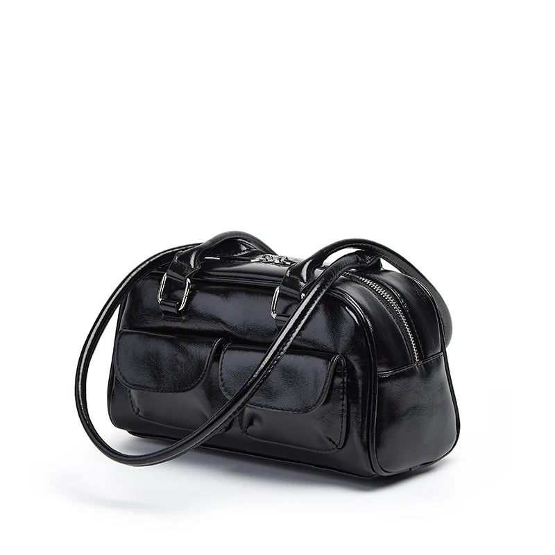 New women's bag fashion niche oil wax leather bowling bag multi-pocket armpit bag commuting handbag single shoulder bag