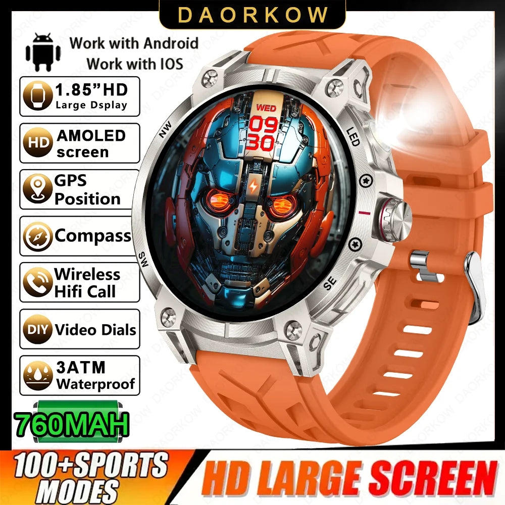 Military smartwatch men,760mAh Bluetooth call,LEDflashlight,compass,1.85HD Large screen,heart rate.blood pressure,IP68waterproof