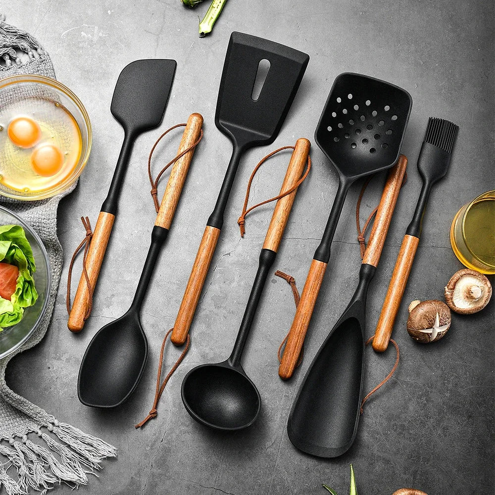 1/7Pcs Black Food Grade Silicone Kitchen Cookware Utensils Spatula Spoon Oil Brush Practical Cooking Tool Kitchenware Set