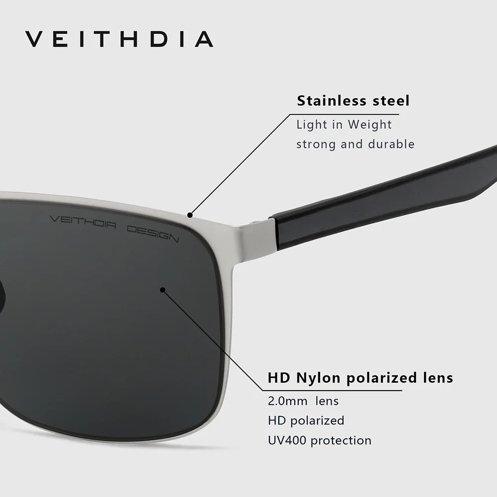 Stainless steel sunglasses with HD nylon polarized lenses, UV400 protection, black frame.