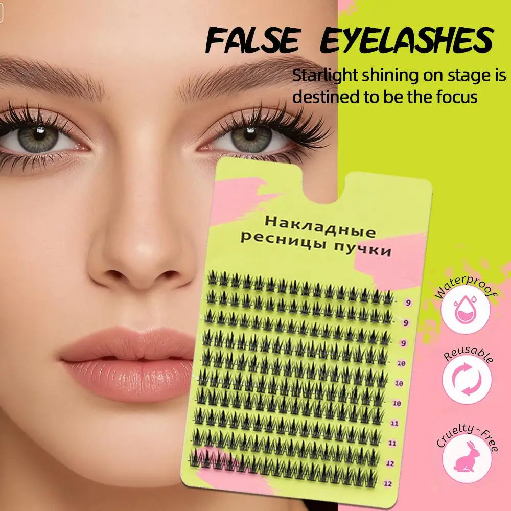 False eyelashes cluster pack with waterproof, reusable, cruelty-free features, model wearing dramatic lashes.