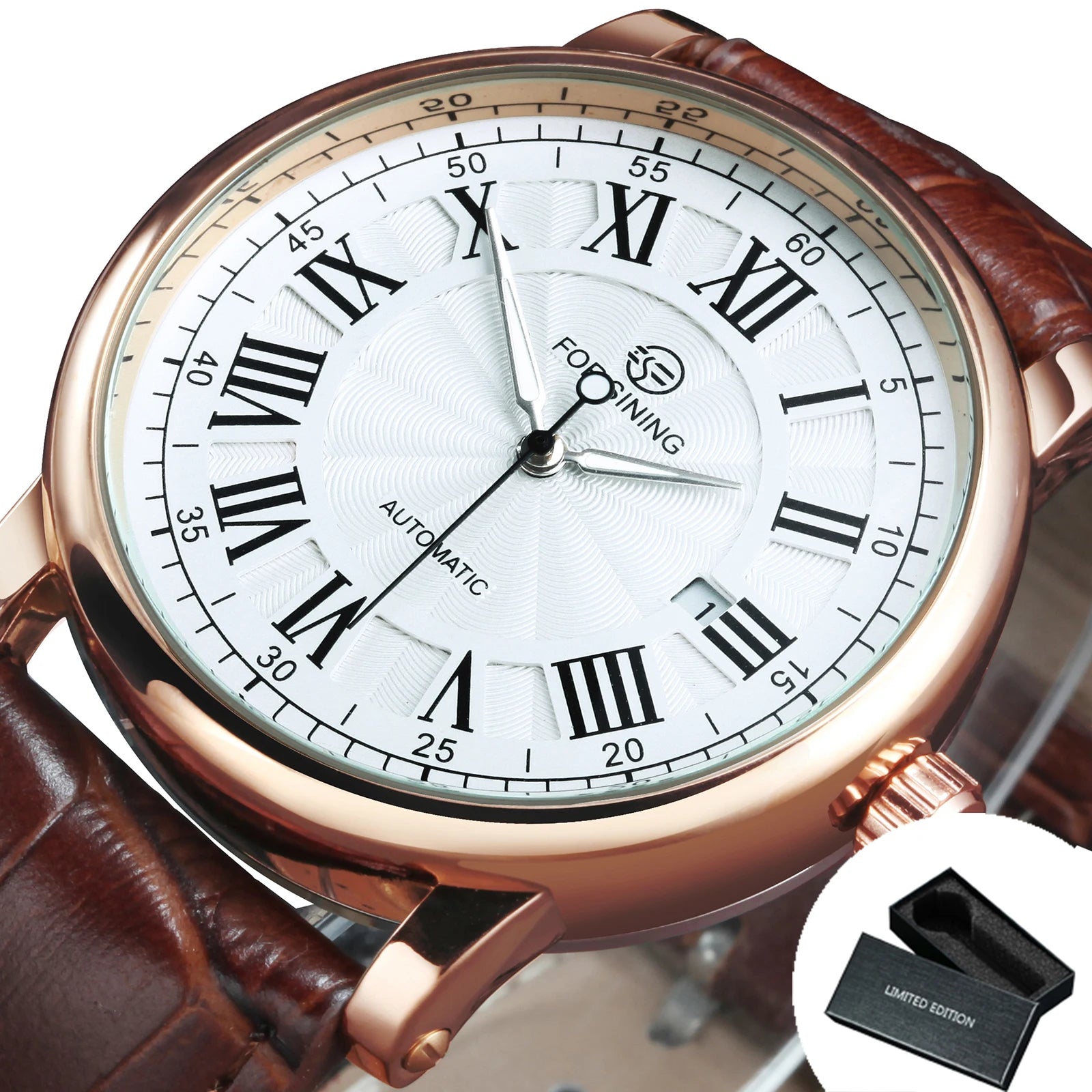 Forsining Classic Business Automatic Mens Watch Calendar Luxury Brand Brown Leather Strap Fashion Rose Gold Mechanical Watches