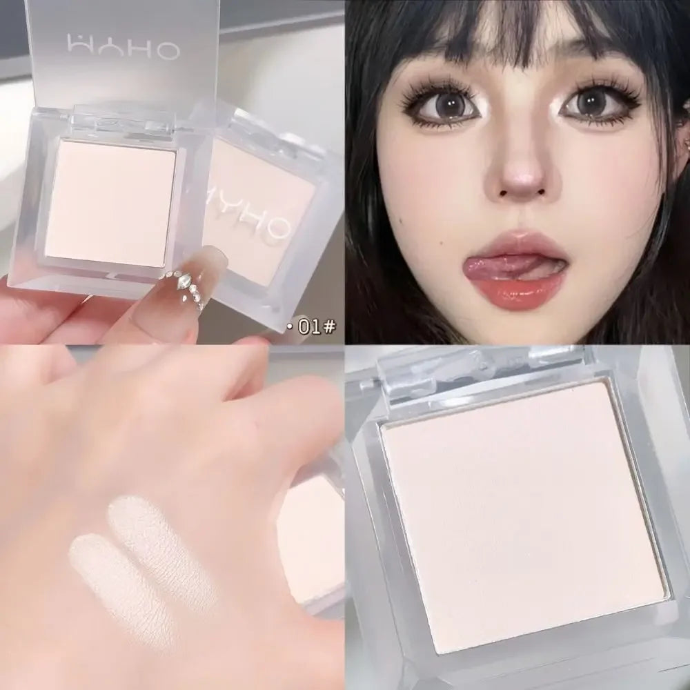 Light beige powder highlighter swatched on hand, applied to cheeks and nose, in clear compact.