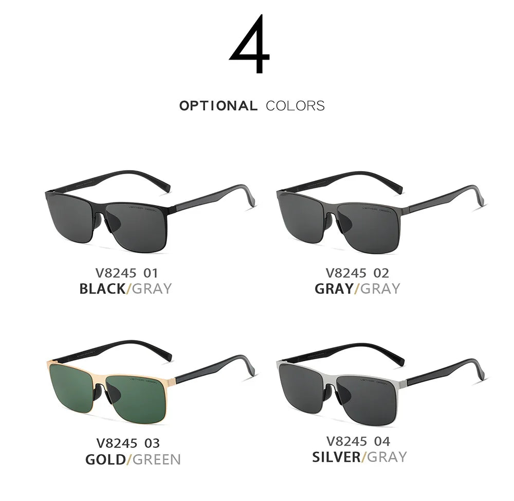 Men's rectangular sunglasses in black, gray, gold/green, and silver frames, four color options