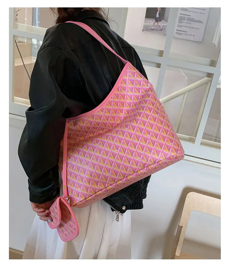 Large Capacity Women's Shoulder Bag Fashionable Commuter Tote Bag Soft PU Leather Printed Geometric Pattern Autumn New Arrival