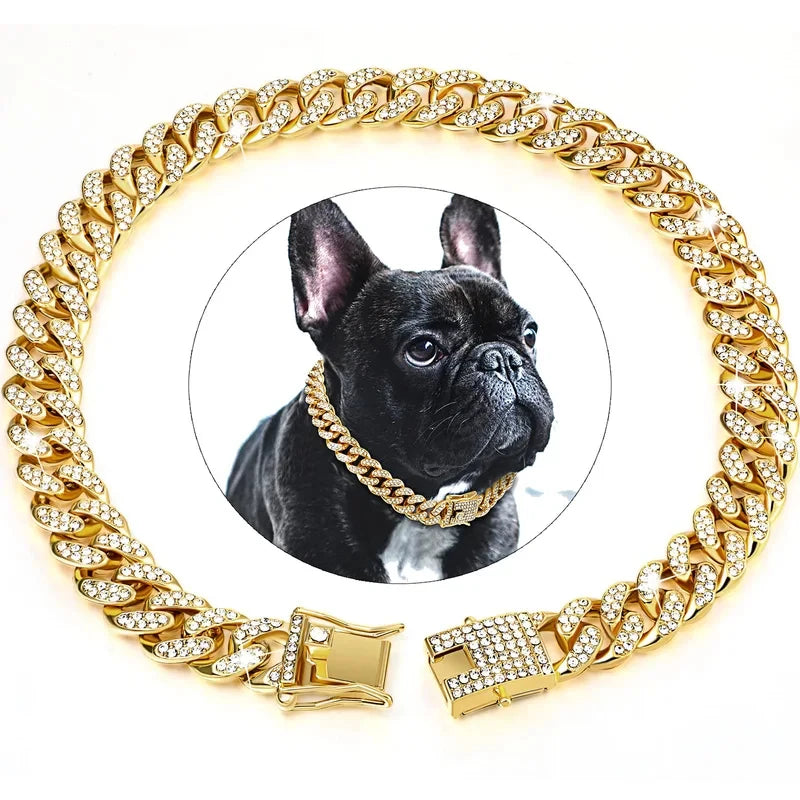 1/2pcs Pet Dog Collar Cat Chain Diamond Walking Metal Chain Collar With Design Secure Buckle Jewelry Accessories Cuban Collar