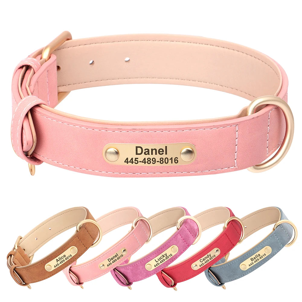 Customized Dog Collar PU Leather Dogs Collars Personalized Pet ID Name Necklace Free Engraving for Small Medium Large Dogs Pug