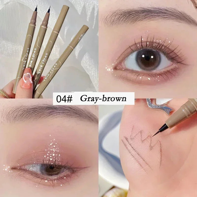 Gray-brown eyebrow pen with fine tip, swatch on skin, close-up eye makeup look