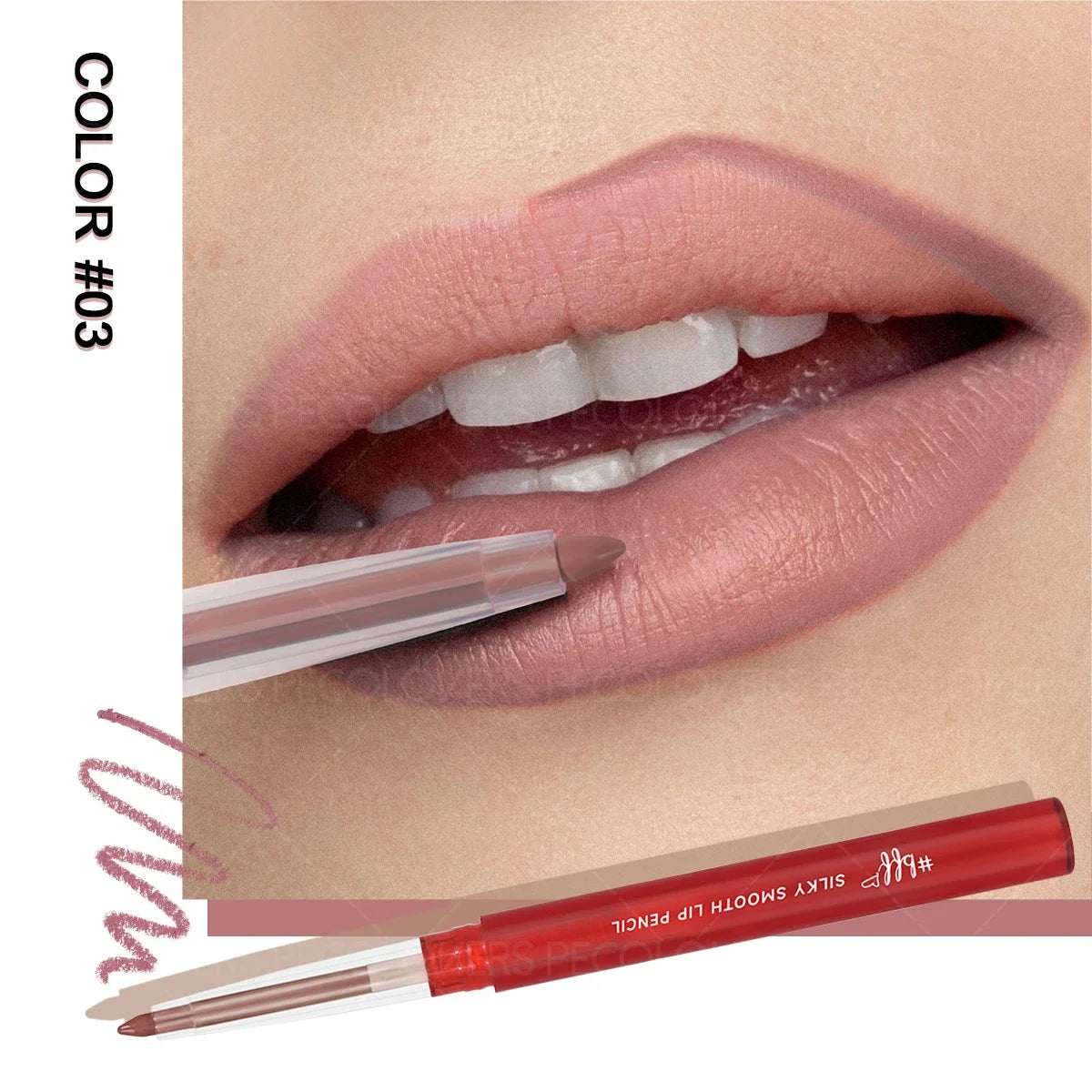 Nude mauve lipstick liner applied to lips, silky smooth lip pencil, color #03