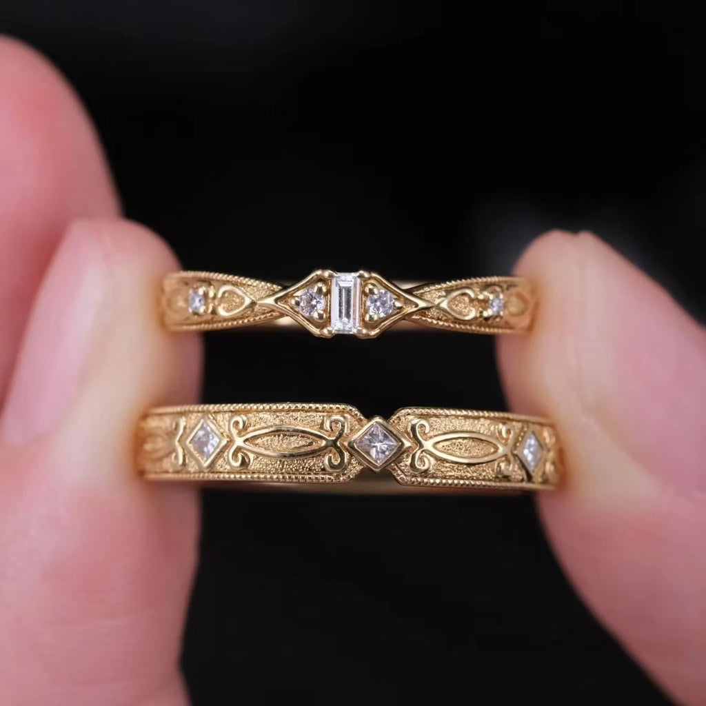 Handcrafted Designer Antique-Style Textured 18K/14K/9K Gold Couple Rings, Timeless Luxury Wedding/Engagement Bands
