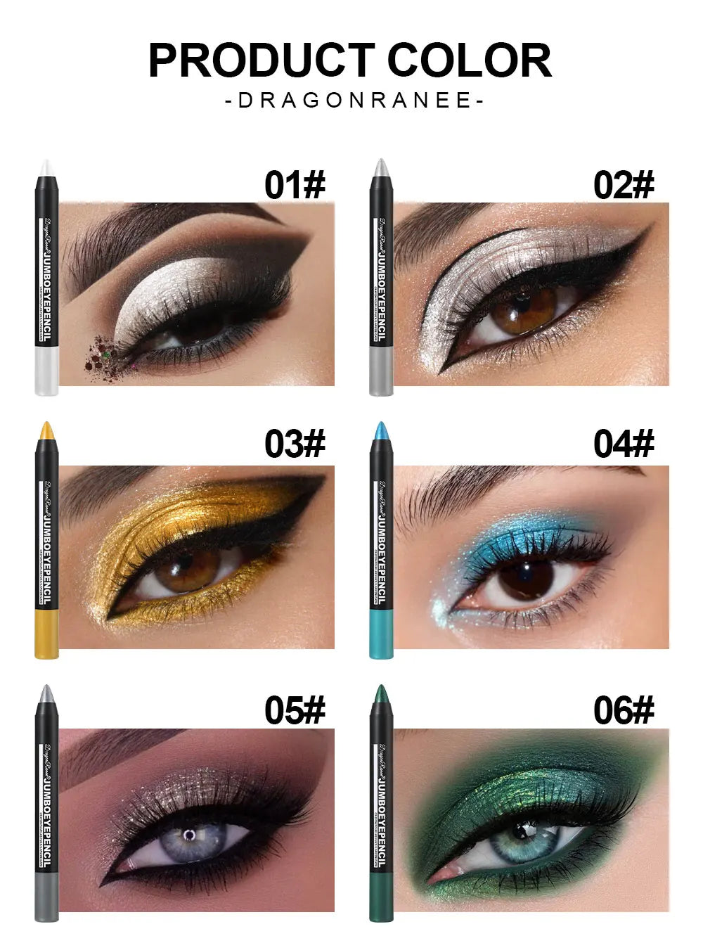 Jumbo eye pencil color chart showing six vibrant eyeshadow shades on eyelids, including silver, gold, blue, green, and smokey tones.