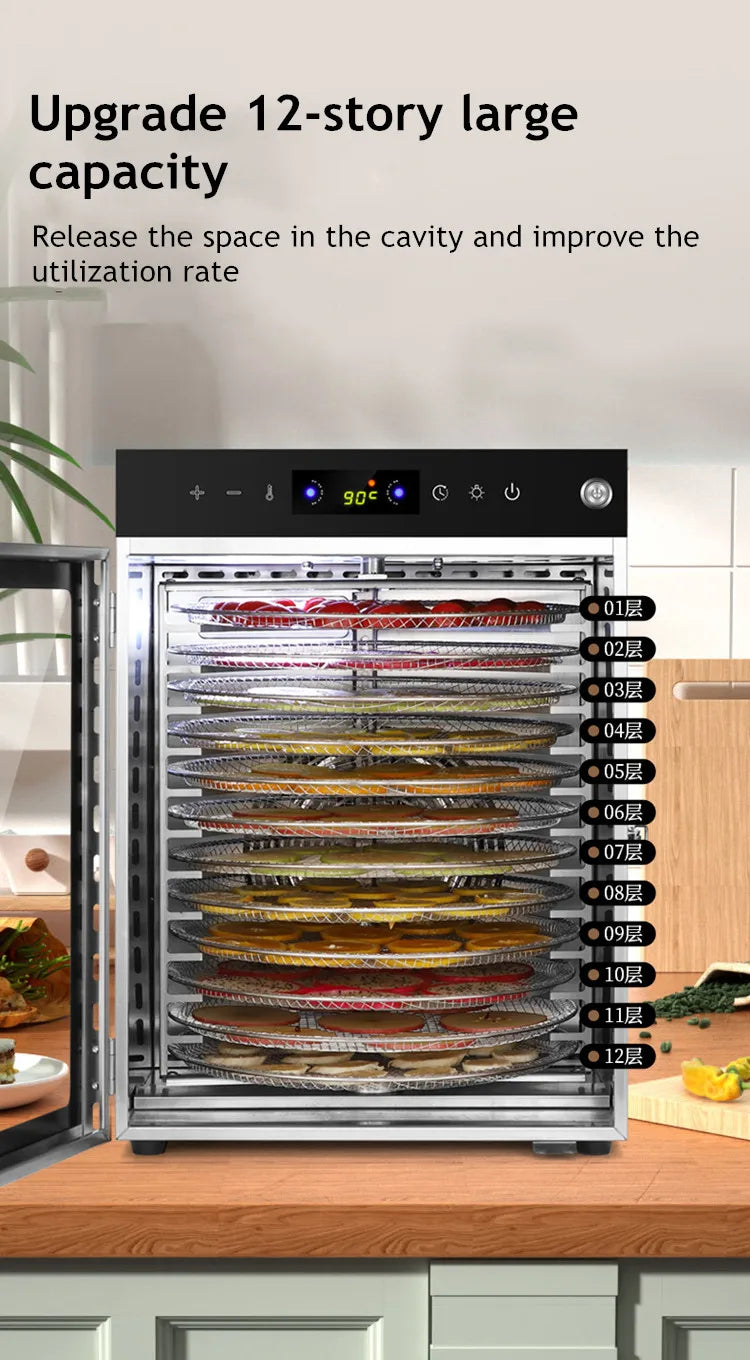 10/12/16 Tier Rotary Food Dehydrator Smart Commercial & Home Dryer for Fruit, Veg, Meat, Snacks, Herbs