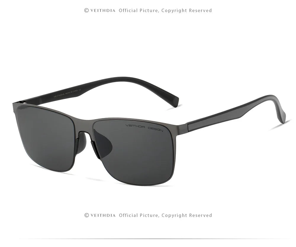 Men's rectangular black sunglasses with dark lenses and sleek metal frame on white background