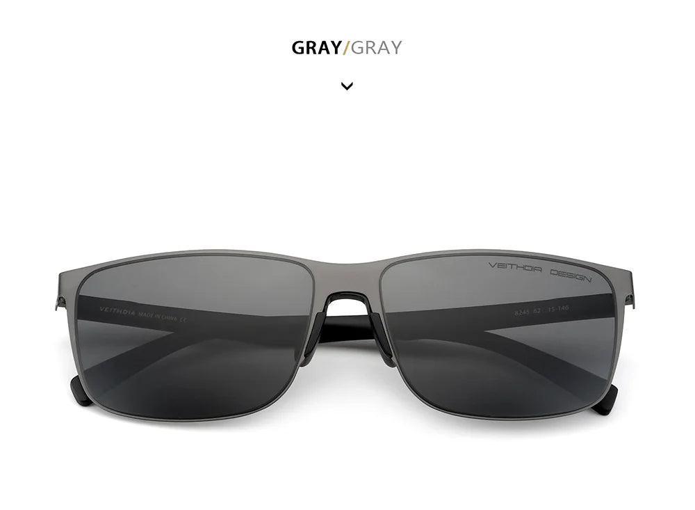 Men's gray square sunglasses with dark polarized lenses and metal frame on white background