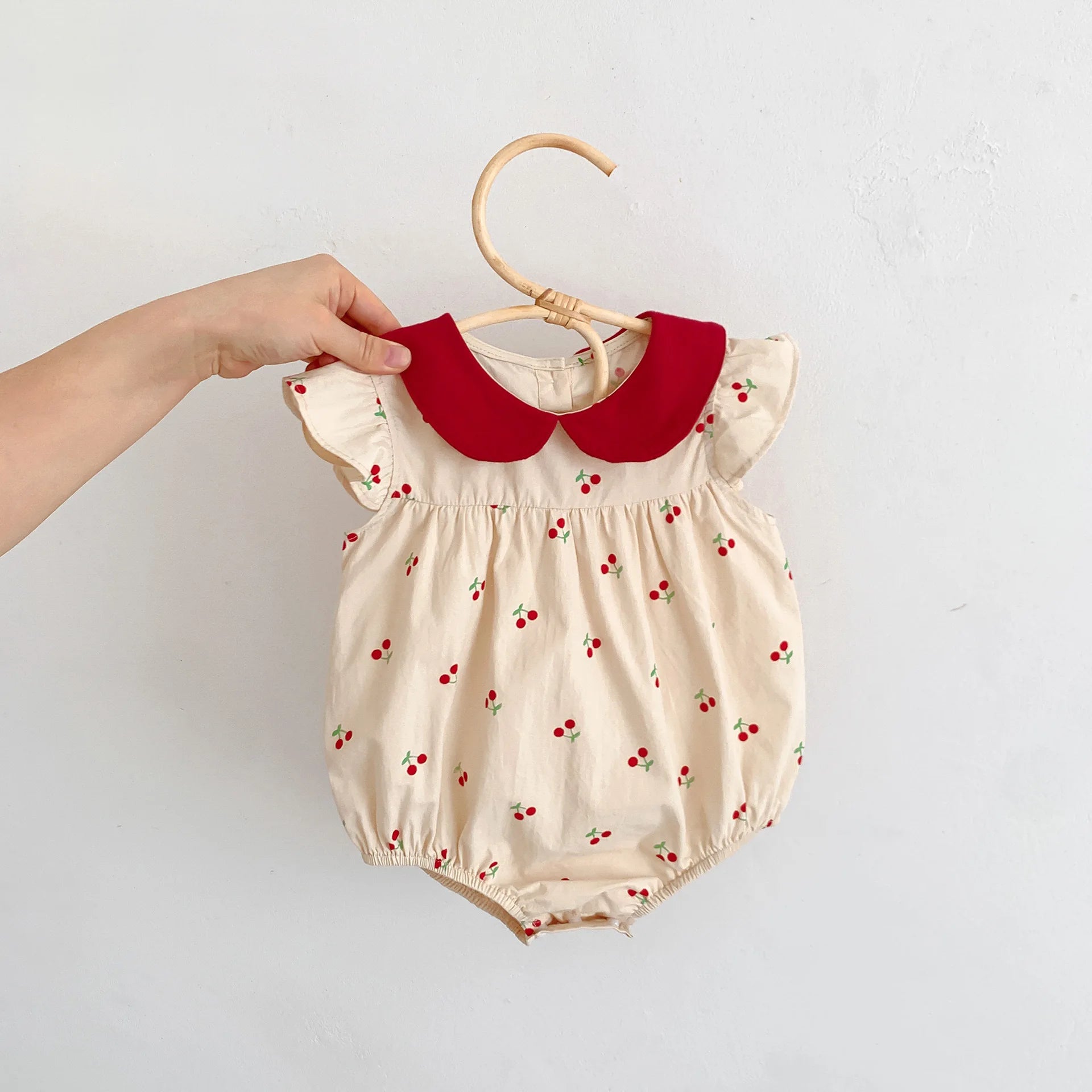 MILANCEL 2024 Summer Girls Bodysuit Full Of Cherry Print Toddler One Piece Peter Pan Collar  Girls Clothes