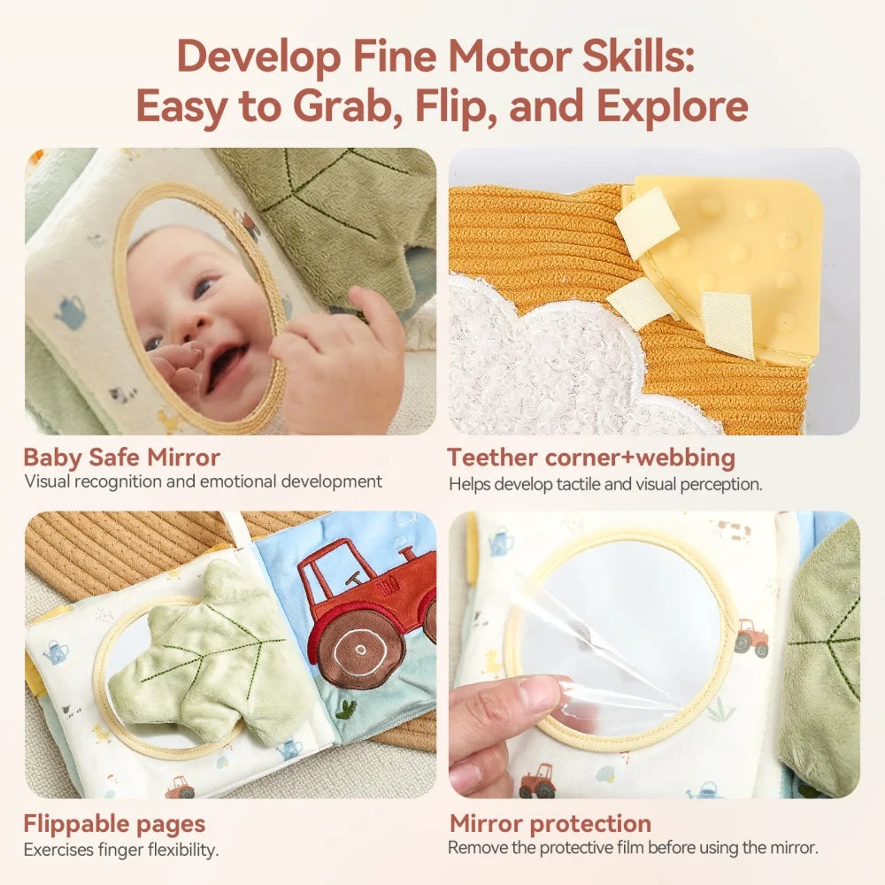 Soft Sensory Farm Animal Baby Books Mobile Toy Newborns Early Educational Fabric Book with Mirror & Sound Paper for Babies 6-12M