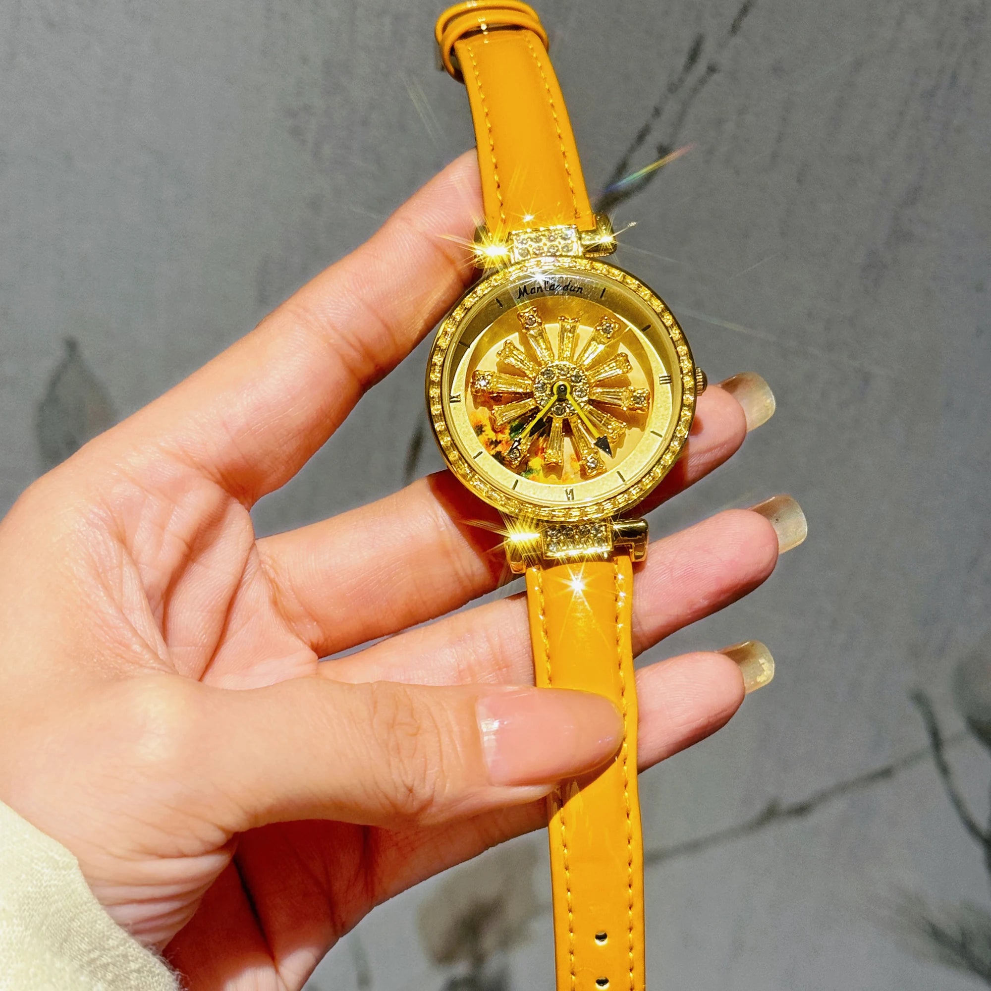 Fashionable Women's Watch With Transparent Back, Diamond Inlaid, Rotating Galaxy Dial, Sunflower Design Waterproof Quartz Watch