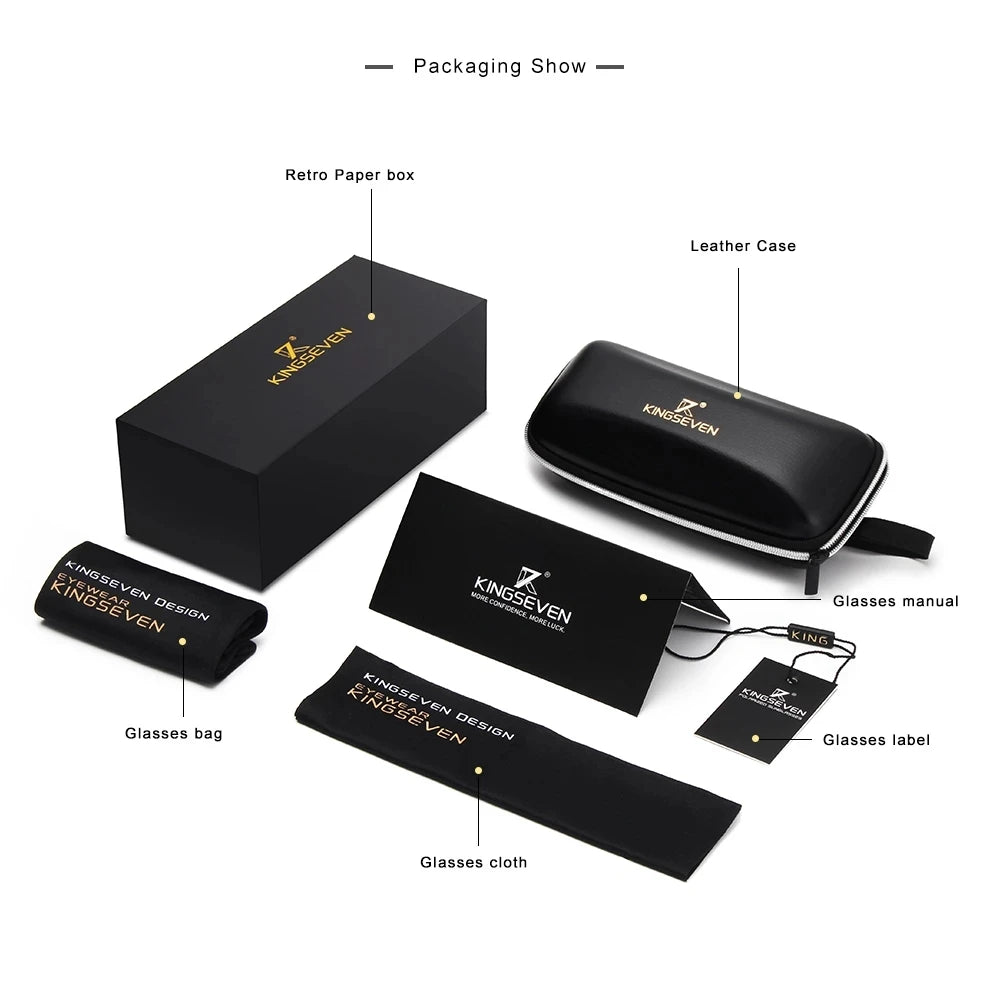 Eyeglasses packaging set with black hard case, paper box, cloth, bag, manual, and label