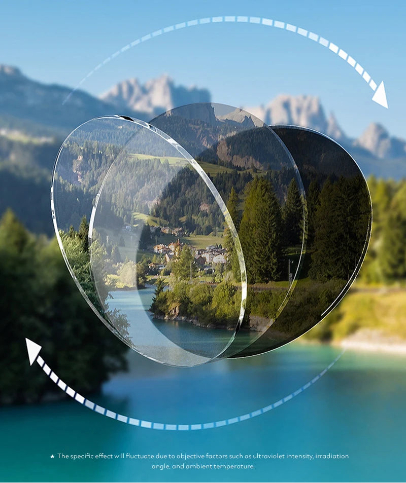 Photochromic sunglasses lens transitioning shades over a scenic mountain and lake view