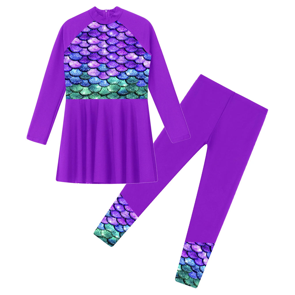 Girls Swimsuits 2 Piece Rash Guard Set UPF 50 Sun Protection Long Sleeve Swim Dress with Leggings Kids Full Body Cover Beachwear