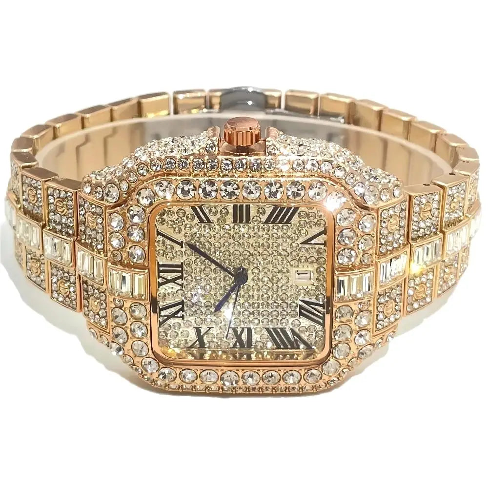 Hot Fashion Brand UNIGUET Hip Hop Rose Gold Iced Diamond Mens Watch Luxury Square Waterproof Quartz Man Clocks Relogio Masculino