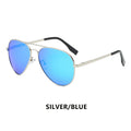 Silver frame aviator sunglasses with blue mirrored lenses on white background