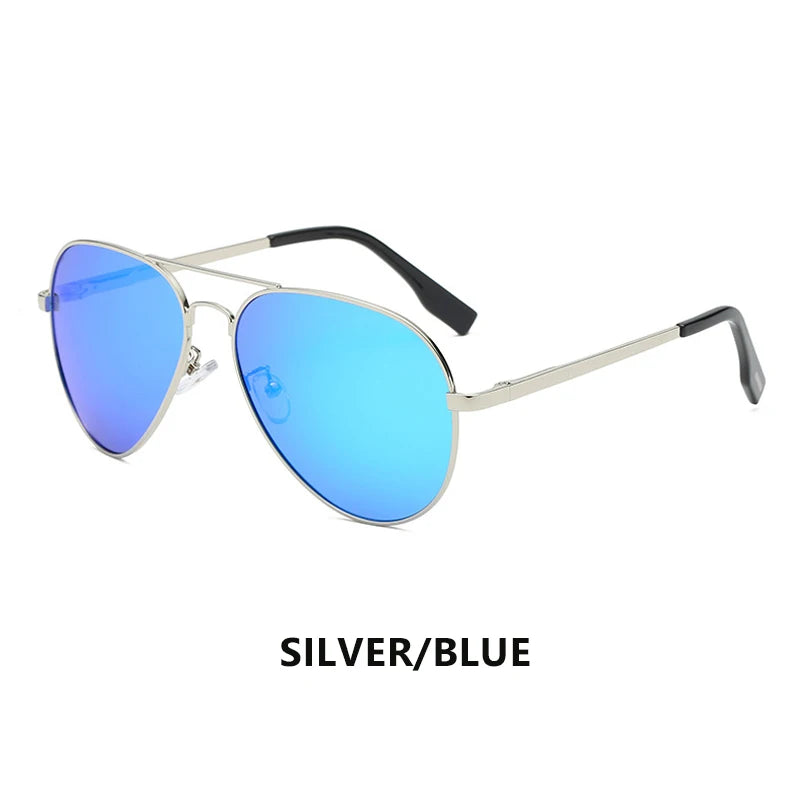 Silver frame aviator sunglasses with blue mirrored lenses on white background