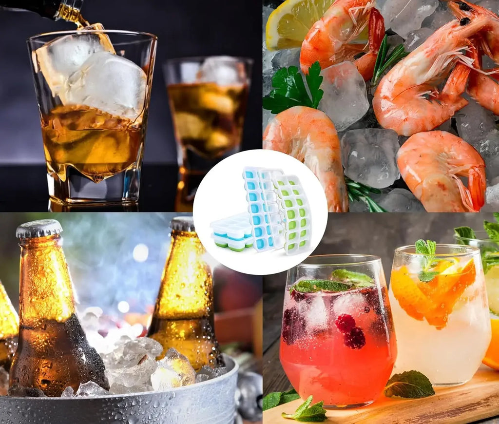 Silicone Ice Cube Mold Trays Reusable Ice Tray with Lid 14 Cube Easy Release Whiskey Cocktail Freezer Container