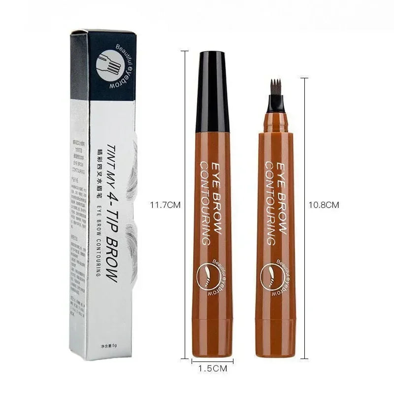 Eyebrow contouring pen with 4-tip applicator, brown shade, product box and measurements shown