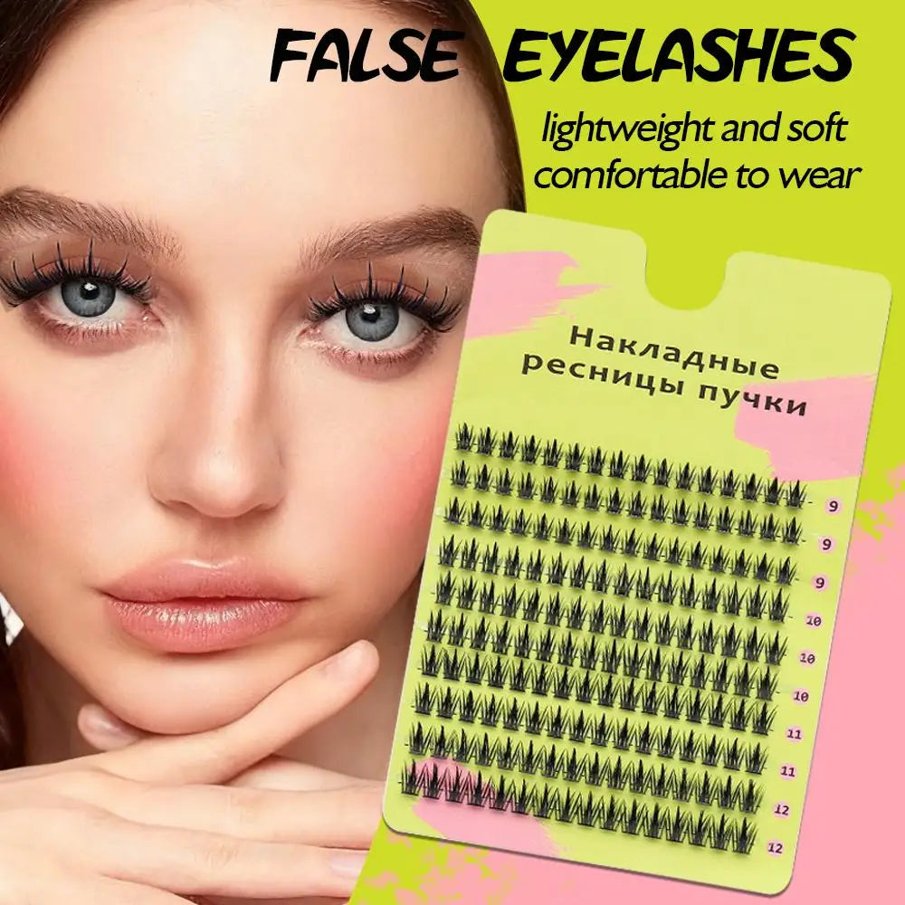 Woman wearing voluminous false eyelashes with a tray of individual eyelash extensions.