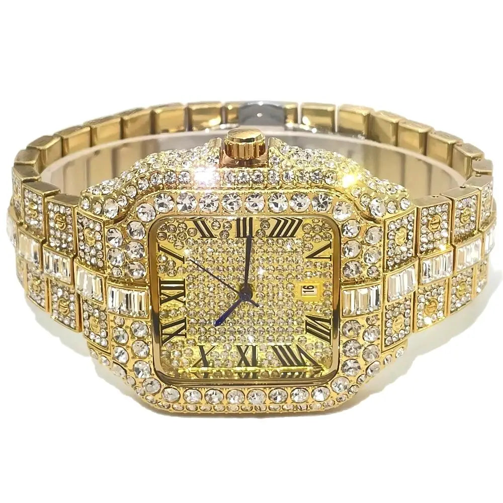 Hot Fashion Brand UNIGUET Hip Hop Rose Gold Iced Diamond Mens Watch Luxury Square Waterproof Quartz Man Clocks Relogio Masculino